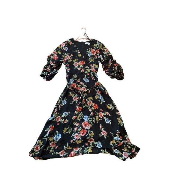 Emma & Michelle Hi-Low Dress Women's SZ 8 Black Floral Long Sleeve Surplice Neck - Picture 1 of 7